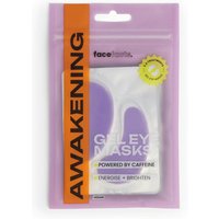 Purple Face Facts Gel Eye Masks package with "Awakening" label and caffeine highlight, contains 4 pairs.