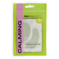 Face Facts Gel Eye Masks, Calming Aloe Vera, 4 pairs in green packaging with clear window and calming text.