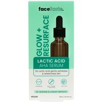 Face Facts Glow + Resurface Lactic Acid AHA Serum, 30 ml, in a brown dropper bottle with green and white packaging.