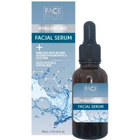 Face Facts Hyaluronic Face Serum 30 ml, dark amber bottle with dropper, blue and white label, box with water splash design.
