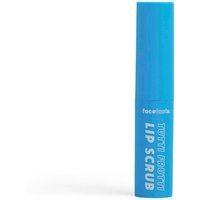 Blue cylindrical Face Facts Lip Scrub Stick with white text, labeled "Blueberry Fizz," 10 g size.