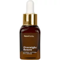 Brown glass bottle with gold dropper cap, labeled "Face Facts Overnight Renew Double Action Eye Serum 15ml."