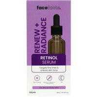 Face Facts Renew + Radiance Retinol Serum in brown dropper bottle, purple box with text and icons.