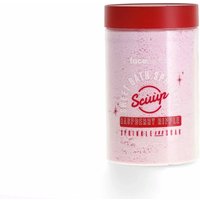 Pink jar of Face Facts Scuup Sweet Bath Sprinkles, red lid, raspberry ripple label design.