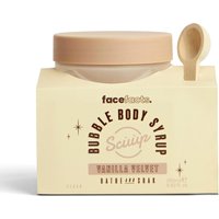 Face Facts Scuup Vanilla Velvet Bubble Body Syrup, beige jar with matching lid, spoon attached to cream box.