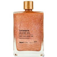Face Facts Shimmer Glow Oil 100 ml in a clear rectangular bottle with gold cap and sparkling copper liquid.