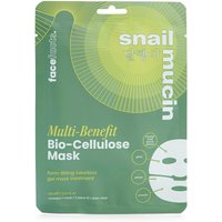 Green Face Facts Snail Mucin Biocellulose Mask package with yellow text and snail graphic.