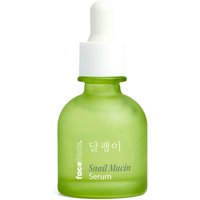 Green glass bottle of Face Facts Snail Mucin Plump Revival Serum with white dropper cap, 30 ml.