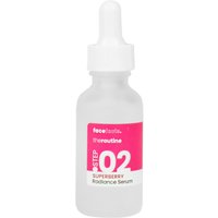 Frosted glass bottle with white dropper, pink label, text "Face Facts The Routine Superberry Radiance Serum 30 ml."