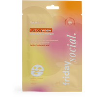 Face Facts Turbo Renew masque in peach packaging with lactic and hyaluronic acid, 20 ml, featuring a mask icon.