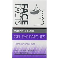 Face Facts Wrinkle Care Gel Eye Patches box with purple accents and profile face illustration.