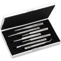 Facom 7 Piece Precision Tweezer Set in a black foam-lined white case, featuring various silver tweezers.