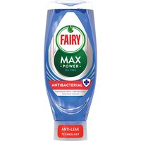 Fairy Max Power Antibacterial Washing Up Liquid 640ml, blue bottle, red cap, antibacterial label.
