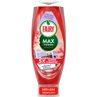 Fairy Max Power red washing up liquid bottle with floral design and "5x Faster Cleaning" label.