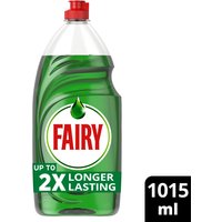 Fairy Original green washing up liquid with LiftAction, red cap, 1015ML bottle, bold logo, and 2X longer lasting claim.