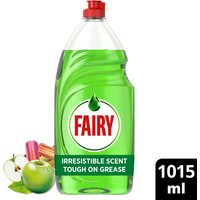Fairy Washing Up Liquid Apple & Rhubarb 1015ML, green bottle with red cap, apple and rhubarb images on label.