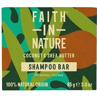 Faith in Nature Coconut & Shea Butter Shampoo Bar, 85g, in green and brown packaging with leaf design.