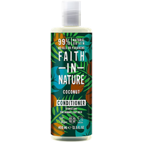 Faith In Nature Coconut Balsam, 400 ml bottle with tropical leaf design and white cap.