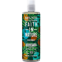 Faith In Nature Coconut Shampoo 400ml, green tropical leaf design with white text and clear cap.