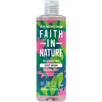 Faith in Nature Dragon Fruit Body Wash 400ml, pink liquid in a clear bottle with colorful leaf design and flip cap.