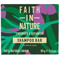 Faith in Nature Lavender & Geranium Shampoo Bar, green and purple packaging, 85g, 100% natural origin.