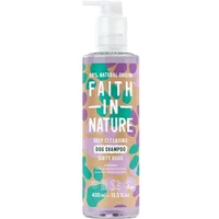 Clear bottle of Faith in Nature Lavender Dog Shampoo with pump, purple label, and green leaf design, 400ml.