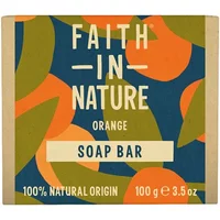 Faith in Nature Orange Soap Bar, 100g, with vibrant orange and green leaf design on blue background packaging.