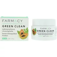 White jar of FARMACY Green Clean Cleansing Balm with green lid, next to matching box with papaya illustration.
