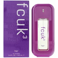 Purple Fcuk 3 Her Eau De Toilette 100ml bottle with matching box, featuring sleek design and silver accents.