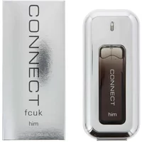 Fcuk Connect Him Eau De Toilette 100ml in sleek silver bottle with black gradient and matching silver box.