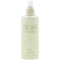 Clear bottle of Fcuk Friction Body Mist 250ml with beige label and spray nozzle.