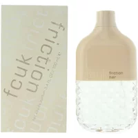 Beige and clear bottle of Fcuk Friction For Her Eau De Parfum 100ml with matching beige box.
