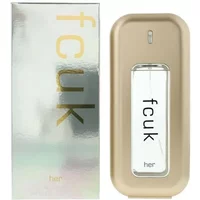 Fcuk Her Eau De Toilette 100ml in a sleek beige bottle with a transparent center, next to a shiny silver box.