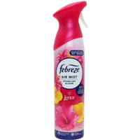 Febreze Air Mist Sparkling Bloom air freshener, pink spray bottle with floral design, 185 ml.