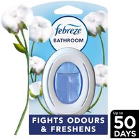 Febreze Bathroom air freshener, cotton fresh scent, oval white casing with blue center, cotton imagery on packaging.