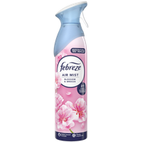 Febreze Blossom Breeze air freshener, 185ml pink can with floral design and blue cap.