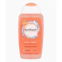 Fem Fresh Daily Intimate Cleansing Wash 250ml in a clear bottle with orange label and white cap.