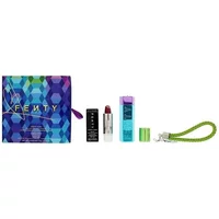Fenty Beauty Icon semi-matte refillable lipstick case, blue and purple geometric design with green accents.