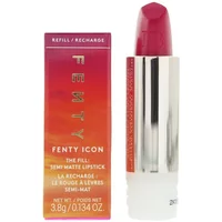 Fenty Beauty semi-matte lipstick refill in Miss Candy, sleek silver tube with vibrant pink shade and gradient box.