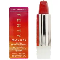Fenty Beauty semi-matte lipstick refill, red shade, sleek silver casing, next to vibrant red and orange box.