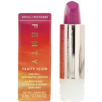 Fenty Beauty semi-matte lipstick refill in Tropic Doll, vibrant purple shade, sleek silver casing with orange packaging.