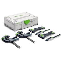 Festool plunge saw accessories set with clamps and connectors in a gray case with green accents.