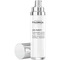 White Filorga Age-Purify Fluido 50ml bottle with silver pump and cap, labeled for wrinkles and blemishes.