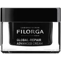 Black and clear jar of Filorga Global-Repair Advanced Cream with white text on the front, 50ml capacity.