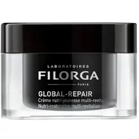 Black and silver Filorga Global-Repair Baume jar with clear base and bold white text on the front.