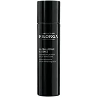 Black cylindrical bottle of Filorga Global Repair Essence, 150ml, with white text and sleek design.