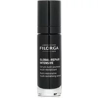 Black Filorga Global Repair Serum bottle with silver text and a glossy black cap.