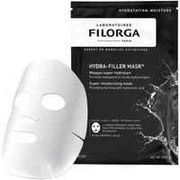 "Black and white Filorga Hydra Filler Super Moisturizing Mask with face-shaped sheet and hydrating formula details."