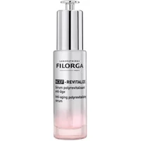 Clear Filorga Ncef-Revitalise serum bottle with silver pump and pink gradient base, labeled anti-aging polyrevitalizing serum.