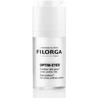 White Filorga Optim-Eyes eye cream bottle with black text, pump dispenser, 15ml size for dark circles and puffiness.